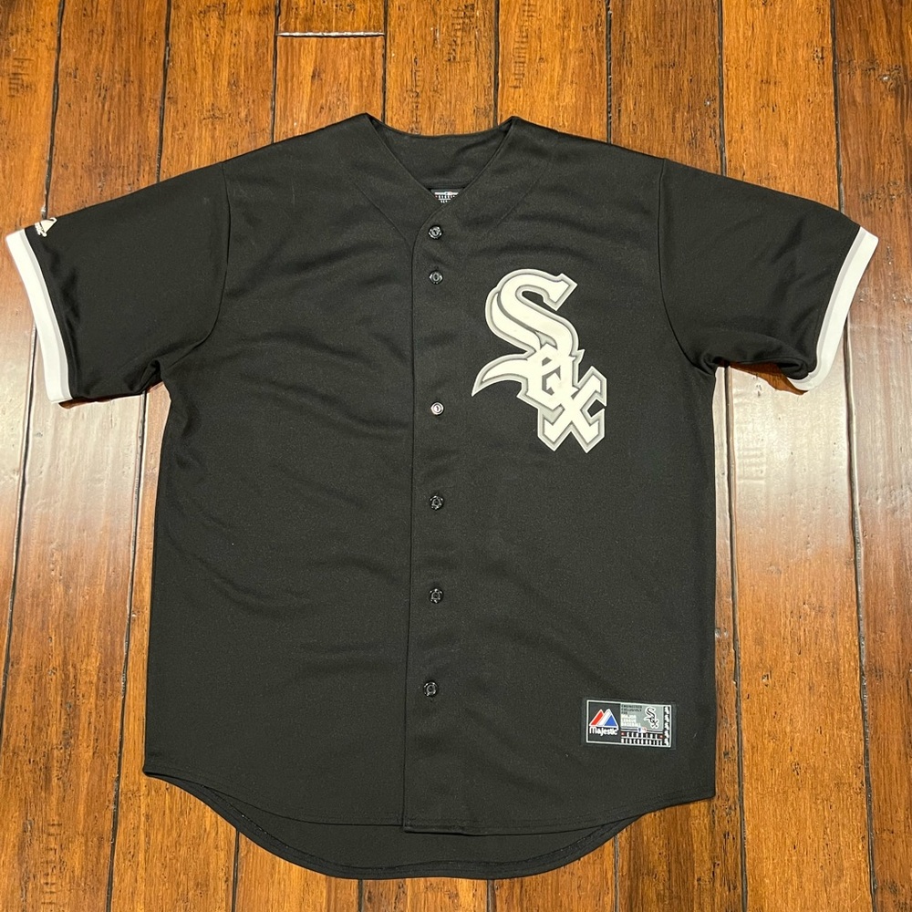 Vtg Majestic Chicago White Sox #12 AJ Pierzynski Black Button-Front Jersey